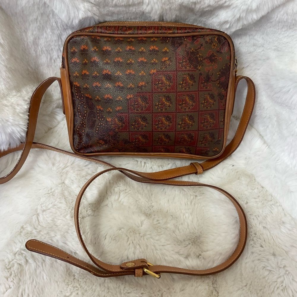 Vintage Escada Brown Leather Paisley Zipper Adjustable Crossbody Shoulder Bag